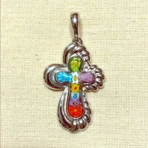 Millefiori Murano glass cross pendant .925